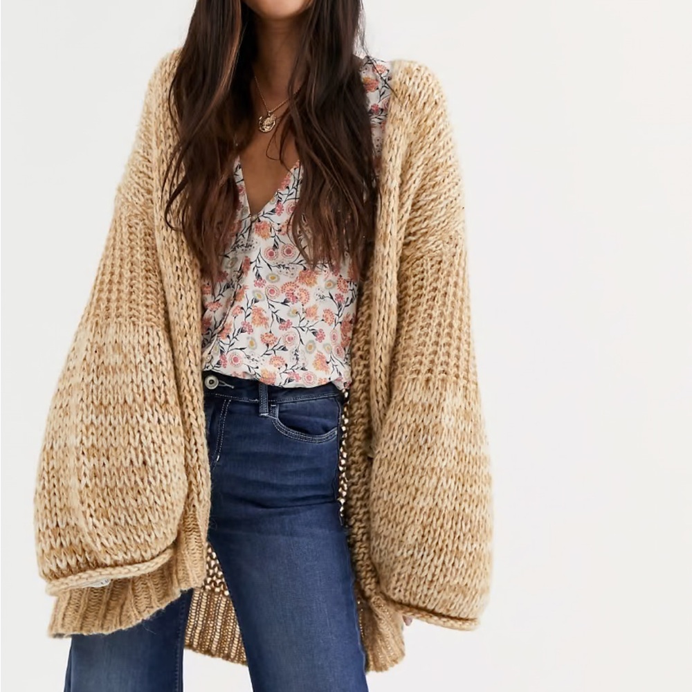 Free People Chunky Open-Front Cardigan in Beige/Tan